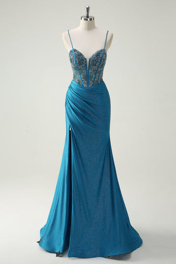 Sparkly blu Spaghetti Straps scollo a V increspato lungo abito da cerimonia con perline